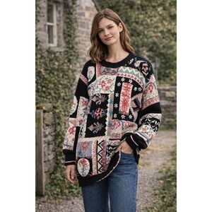 Vintage Hand Knit Patchwork Sweater BEST American Folk Oversized  Cottagecore